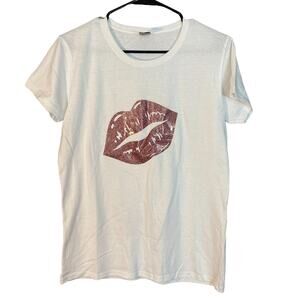 Gildan White & Red Lips Short Sleeve 80s Style Cotton T-Shirt Women Sz M